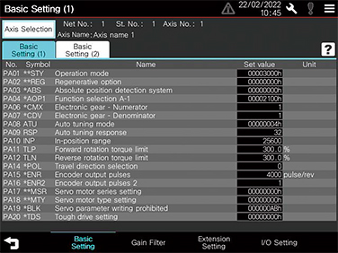 Basic setting parameters screen