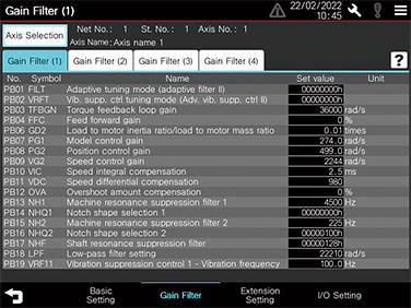 Gain/filter parameters screen