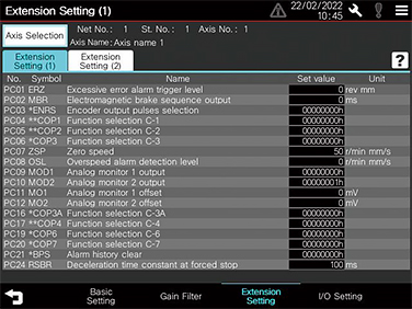 Extension setting parameters screen
