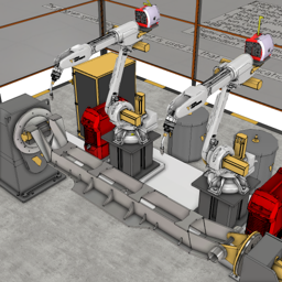 Arc Welding Cell with Multirobot HANDSHAKE and One-axis positioner (OLP)